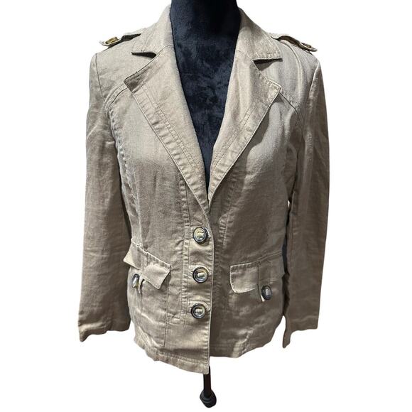 Chico’s Women’s Linen Blazer Khaki size 1(Med) Button front Classy Chic  capsule - Picture 1 of 10